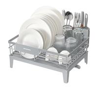 SONGMICS Escurreplatos, Escurridor para Encimera de Cocina, Giratorio 360° y Extensible, con Soporte para Cubiertos, 31 x 42 x 18,5 cm, Gris Paloma KCS550G01