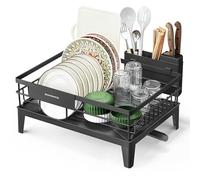 SONGMICS Escurreplatos, Escurridor para Encimera de Cocina, Giratorio 360° y Extensible, con Soporte para Cubiertos, 31 x 42 x 18,5 cm, Negro Tinta KCS550B01