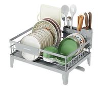 SONGMICS Escurreplatos, Escurridor para Encimera de Cocina, Giratorio 360° y Extensible, con Soporte para Cubiertos, 31 x 42 x 18,5 cm, Gris Paloma KCS550G01