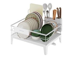 SONGMICS Escurreplatos, Escurridor para Encimera de Cocina, Giratorio 360° y Extensible, con Soporte para Cubiertos, 31 x 42 x 18,5 cm, Blanco Nube KCS550WG01