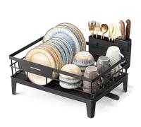 SONGMICS Escurreplatos, Giratorio 360° y Extensible, 42,4 x 35,4 x 22,6 cm | Escurridor para Encimera de Cocina, con Soporte para Cubiertos, Negro Tinta, Colección PATALLA KCS550B01