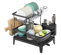 SONGMICS Escurreplatos, Giratorio 360° y Extensible, 47,1 x 36,7 x 42,1 cm | Escurridor para Encimera de Cocina, con Soporte para Cubiertos, Negro Tinta, Colección PATALLA KCS551BH01