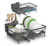 SONGMICS Escurreplatos para Espacios Reducidos, Escurridor de Platos de Cocina Extensible, Boquilla Extensible y Giratoria 360°, Acero, (30,2-46,5) x 29,6 x 14 cm, Gris Antracita KCS556GT01