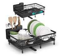 SONGMICS Escurreplatos para Espacios Reducidos, Escurridor de Platos de Cocina Extensible, Boquilla Extensible y Giratoria 360°, Acero, (30,2-46,5) x 29,6 x 14 cm, Negro Tinta KCS556BH01