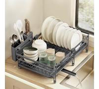 SONGMICS Escurreplatos para Espacios Reducidos, Extensible, Acero | (30,2-46,5) x 30,4 x 14 cm, Boquilla Extensible y Giratoria 360°, Gris carbón oscuro, Colección PATALLA KCS556GT01