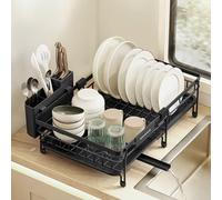 SONGMICS Escurreplatos para Espacios Reducidos, Extensible, Acero | (30,2-46,5) x 30,4 x 14 cm, Boquilla Extensible y Giratoria 360°, Negro Tinta, Colección PATALLA KCS556BH01