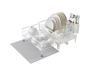 SONGMICS Escurreplatos para platos, escurridor de platos, escurridor giratorio de 360°, escurridor y escurridor, soporte para cubiertos, cocina (31-56) x 42 x 20 cm, color blanco mate gris paloma