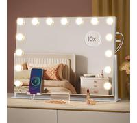 SONGMICS Espejo de Maquillaje con Luz, Control Táctil, 18 Bombillas LED Regulables, Puertos de Carga, 3 Temperaturas Color, Soporte Teléfono, 80 x 60 cm, Blanco Mate LWM003WC02