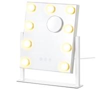 SONGMICS Espejo de Maquillaje con Luz, Control Táctil, 9 Bombillas LED Regulables, Puertos de Carga, 3 Temperaturas Color, Soporte Teléfono, 25 x 30 cm, Blanco Mate LWM005WC02