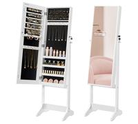 SONGMICS Espejo Joyero, Armario para Joyas, Armario Joyero Bloqueable, Espejo de Longitud Completa, Idea para Regalo, Montaje Sencillo, Superficie Blanca y Forro Negro/Beige