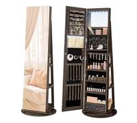 SONGMICS Espejo Joyero con 6 LEDs, Armario de Joyas de Giro de 360°, Organizador de Joyas Giratorio, sin Marco, Espejo Completo con Almacenaje, Superficie Ceniza y Forro Negro JJC007K02
