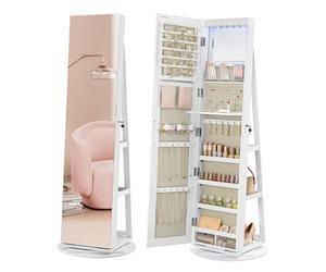 SONGMICS Espejo Joyero con 6 LEDs, Armario de Joyas de Giro de 360°, Organizador de Joyería Giratorio, sin Marco, Espejo Completo, 3 Estantes, Superficie Blanco, Forro Greige JJC007W02