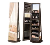 SONGMICS Espejo Joyero con 6 LEDs, Armario de Joyas de Giro de 360°, , sin Marco, Espejo Completo con Almacenaje, Superficie Ceniza y Forro Negro/Superficie Blanco y Forro Negro/Superficie Marrón