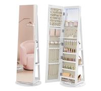 SONGMICS Espejo Joyero con 6 LEDs, Armario de Joyas Giro de 360°, Organizador de Joyería Giratorio, sin Marco, Espejo Completo, 3 Estantes, Superficie Blanco, Regalos Navidad, Forro Greige JJC007W02