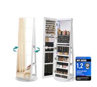 SONGMICS Espejo Joyero con 6 LEDs, Giro de 360°, sin Marco, 3 Estantes | Armario de Joyas, Espejo Completo, Superficie Blanco, Forro Negro, Colección BERIT JJC007W01