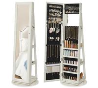 SONGMICS Espejo Joyero, Giratorio 360°, con Cerradura y Llave | Armario de Joyas, Idea de Regalo, Blanco con Grano de Madera Grisáceo, Colección BERIT JJC62WT