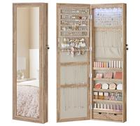 SONGMICS Espejo Joyero LED, 120 cm de Alto con Cerradura, Armario Joyero de Pared o Montado en la Puerta, Organizador de Joyas con Espejo, 2 Cajones, 10 x 37 x 120 cm, Roble Tostado JJC093N01