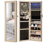 SONGMICS Espejo Joyero LED, 120 cm de Alto con Cerradura, Armario Joyero de Pared o Montado en la Puerta, Organizador de Joyas con Espejo, 2 Cajones, 10 x 37 x 120 cm, Roble JJC093M01