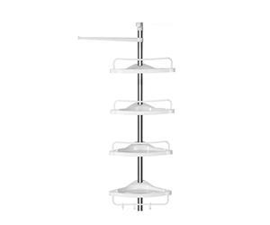 SONGMICS Estante de Baño Ajustable, Columna de Ducha Telescópica, 95-300 cm, de Suelo a Techo, con Marco de Acero Inoxidable, 4 Bandejas, 3 Ganchos, 1 Toallero, Blanco y Plateado BCB02SW