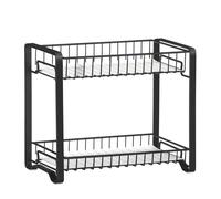 SONGMICS Estante de especias, estante de almacenamiento de cocina de metal de 2 niveles, soporte de especias con tablas de plástico, patas antideslizantes, para cocina, baño, Negro/Plata Negro