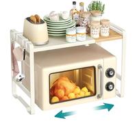SONGMICS Estante Expandible para Microondas, 41,5-64 cm, Acero y Bambú | Soporte para Microondas, Anchura Ajustable, 4 Ganchos, para Cocina, Blanco Cálido Claro y Bambú, Colección BYSTRO KCS060W01