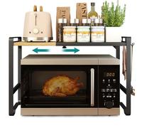 SONGMICS Estante Expandible para Microondas, 41,5-64 cm, Acero y Bambú | Soporte para Microondas, Anchura Ajustable, 4 Ganchos, para Cocina, Negro Tinta y Bambú Claro, Colección BYSTRO KCS060B01