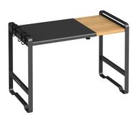 SONGMICS Estante Expandible para Microondas, Soporte para Microondas, Anchura Ajustable 41,5-64 cm, para Cocina, Acero y Bambú, 4 Ganchos, Negro Tinta y Bambú Claro/Blanco y Bambú