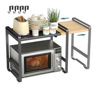 SONGMICS Estante Expandible para Microondas, Soporte para Microondas, Anchura Ajustable 41,5-64 cm, para Cocina, Acero y Bambú, 4 Ganchos, Negro Tinta y Bambú Claro KCS060B01