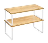 SONGMICS Estante para Especias Extensible, Juego de 2 | Organizador de Armario, Acero y Bambú, Color bambú original y blanco mate, Colección BYSTRO KCS200W01