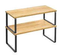 SONGMICS Estante para Especias, Juego de 2, Organizador de Armario, Estante de Almacenamiento de Cocina Extensible, Especiero de Metal y Madera de Ingeniería, Negro Tinta y Beige Natural KCS200B01