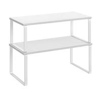 SONGMICS Estante para Especias, Juego de 2, Organizador de Armario, Estante de Almacenamiento de Cocina Extensible, Especiero de Metal y Madera de Ingeniería, Blanco Nieve y Blanco KCS025W01