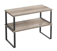 SONGMICS Organizadores de Cocina, Juego de 4 Estantes de Cocina, para Almacenamiento de Gabinete, Apilables, Expandibles, Metal y Madera de Ingeniería, Negro Tinta y Greige KCS022X02