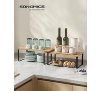 SONGMICS Estante para Especias, Juego de 2, Organizador de Armario, Especiero de Cocina Extensible, Negro Tinta y Beige Natural/Blanco Nube yBeige Natural Blanco Nube y Beige Natural
