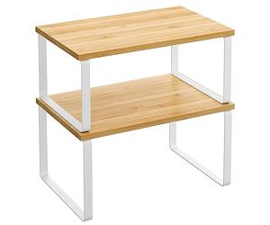 SONGMICS Estante para Especias, Juego de 2, Organizador de Armario, Estante de Almacenamiento de Cocina Extensible, Especiero de Metal y Madera de Ingeniería, Blanco Nube y Beige Natural KCS02NW