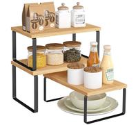SONGMICS Estante para Especias, Juego de 3, Apilables, Acero y Bambú | Organizador de Armario, Especieros Extensibles, Color bambú original y negro mate, Colección BYSTRO KCS014B01