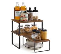 SONGMICS Estante para Especias, Juego de 3, Organizador de Armario, Apilables, Especieros Extensibles, Metal y Madera de Ingeniería, Marrón Rústico y Negro Mate KCS220K02