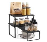 SONGMICS Estante para Especias, Juego de 3, Organizador de Armario, Apilables, Especieros Extensibles, Metal y Madera de Ingeniería, Gris Antracita y Negro Mate KCS220B01