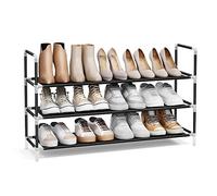 SONGMICS Estante Zapatero de 2 Niveles, Organizador de Zapatos para Entrada Amario, Fino y Ahorra Espacio, Marco de Metal, Estantes de Tela no Tejida, Negro LSH053B01