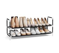 SONGMICS Estante Zapatero de 2 Niveles, Organizador de Zapatos para Entrada Amario, Fino y Ahorra Espacio, Marco de Metal, Estantes de Tela no Tejida, Negro LSH052B01