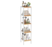 SONGMICS Estanteria Baño Bambu, Estante de 5 Niveles, Balda Ajustable | Estantería de Pie, 33 x 33 x 146.7 cm, Bambú Claro y Blanco Nube, Colección BAMBOU BCB055N01
