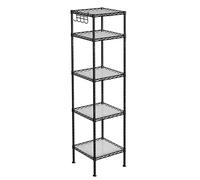 SONGMICS Estantería Baño, Estantería Metal, Carga Total de 100 kg, 5 Hojas de PP, Ganchos Desmontables, 30 x 30 x 123,5 cm, Diseño Expandible, para Espacio Pequeño, Negro y Traslúcido/Blanco y Negro,