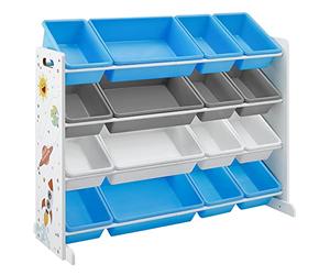 SONGMICS Estantería de Juguetes, Organizador de Juguetes de 4 Niveles para niños con 16 Cubos de plástico, para la habitación Infantil, Sala de Juegos, Blanco, Azul y Gris, Navidad, GKR070W03