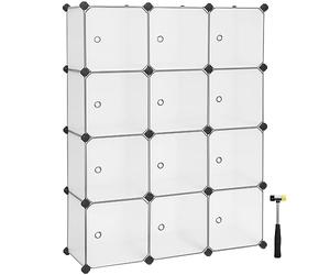 SONGMICS Estantería Modular, Armario Modular de 12 Cubos, Estantería de Plástico con Puertas, para Zapatillas, Ropa, Libros, Fácil de Montar, Blanco LPC342W01