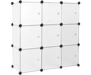 SONGMICS Estantería Modular, Armario Modular de 9 Cubos, Estantería de Plástico con Puertas, para Zapatillas, Ropa, Libros, Fácil de Montar, Blanco LPC116WS