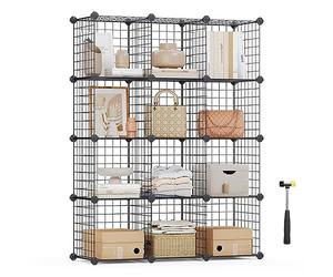 SONGMICS Estantería Modular de 12 Cubos, Armario de Almacenamiento de Alambre de Metal, para Zapatos, Libros, Juguetes, Baño, Salón, Extensible, 31 x 93 x 123 cm, Negro LPI34H