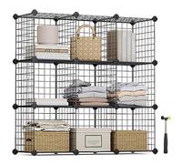 SONGMICS Estantería Modular de 9 Cubos, Armario de Almacenamiento de Alambre de Metal, para Zapatos, Libros, Juguetes, Baño, Salón, Extensible, 31 x 93 x 93 cm, Negro LPI115H