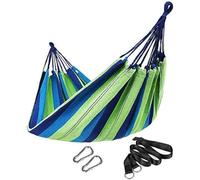 SONGMICS Hamaca, 210 x 150 cm, Hamaca Doble, 300 kg de Capacidad de Carga, para Terraza, Balcón, Jardín, Exterior, Camping, con Bolsa de Transporte, Correas de Fijación, Rayas Azul y Verde GDC15L