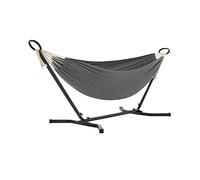 SONGMICS Hamaca con Soporte, Hamaca de 210 x 150 cm, 5 Alturas Ajustables, Portátil, Marco de Metal, Carga de 240 kg, para Patio, Jardín, Negro y Gris GHS001G01