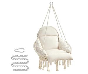 SONGMICS Hamaca Silla, Silla Colgante, Cojín Grande y Grueso, Boho para Dormitorio, Balcón, Jardín, Sala de Estar, Soporta hasta 120 kg, Incluyen Accesorios, Blanco Crema GDC042M01