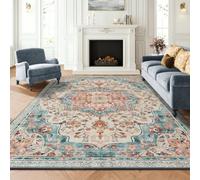 SONGMICS Home Alfombra Vintage Bohemia de Pelo Corto, Antideslizante, Lavable, Plegable, 290 x 200 x 1 cm, para Salón y Dormitorio, Azul Bremen, Colección Verina TAR310Q01
